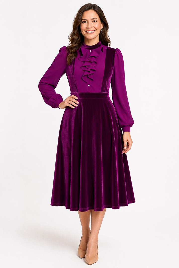 Cecily — Women’s Stand Collar Ruffle Midi Dress