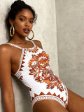Vintage-Print High-Neck Swimsuit