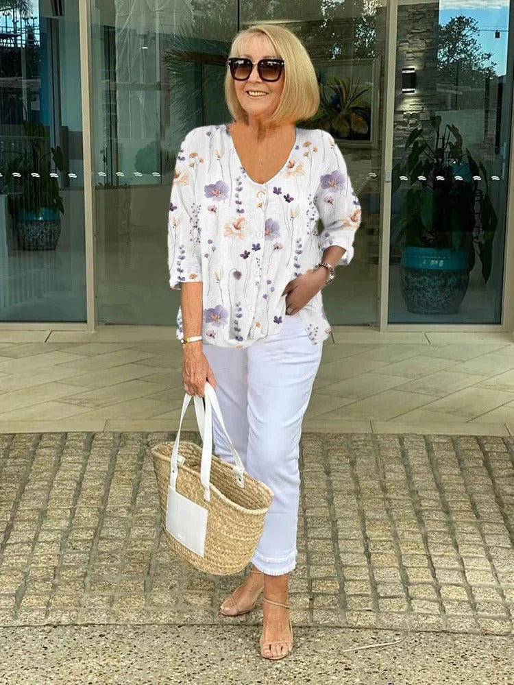 Marlene — Floral V-Neck 3/4-Sleeve Blouse
