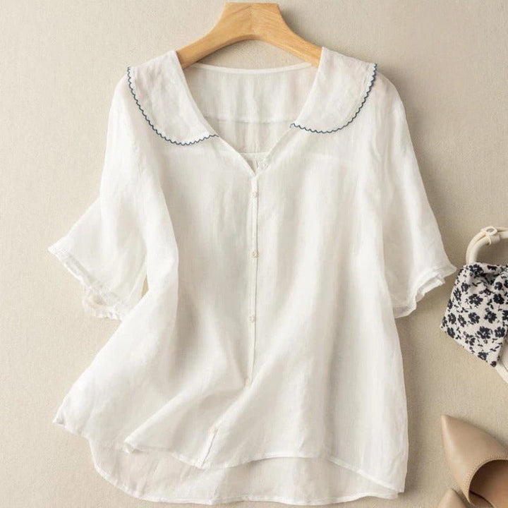 Della Mae — Scalloped Collar Button-Front Blouse