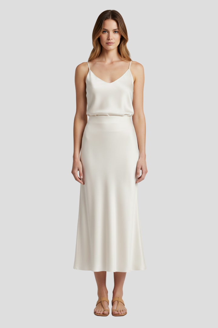 Seraphina Skirt — Satin-Look Draped Midi Skirt