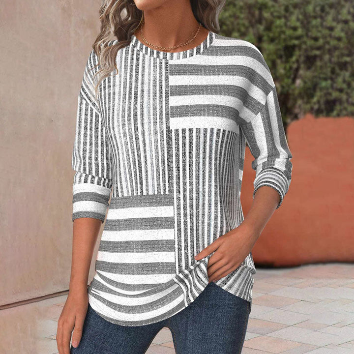 Magda — Round-Neck Striped 3/4-Sleeve Blouse