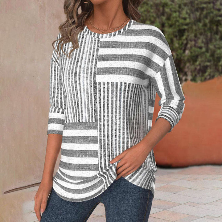 Magda — Round-Neck Striped 3/4-Sleeve Blouse