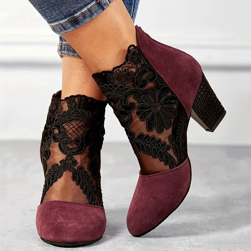 Genevieve Shoe — Floral Lace Block Heels