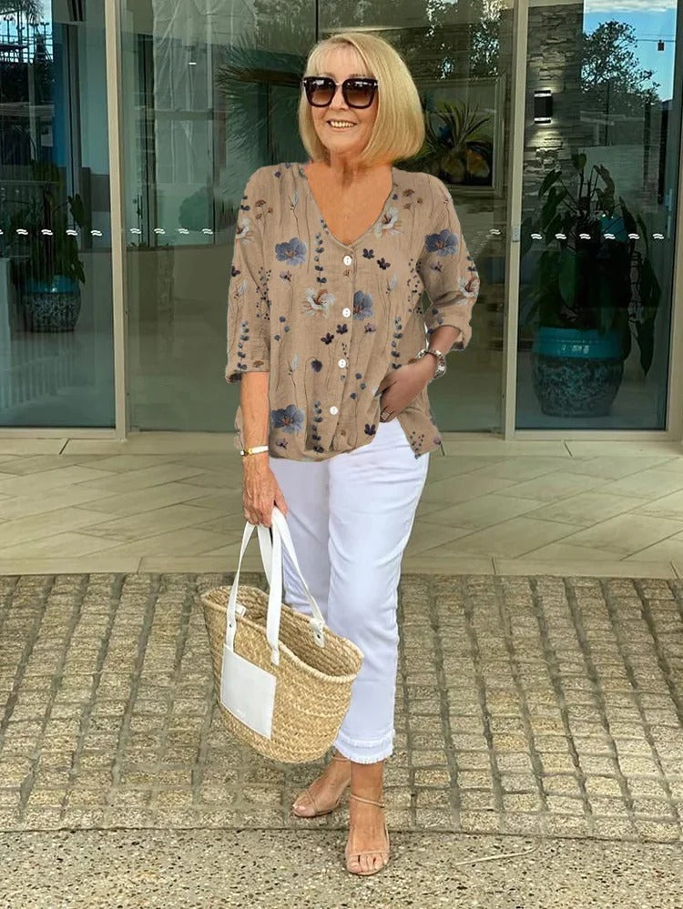 Marlene — Floral V-Neck 3/4-Sleeve Blouse