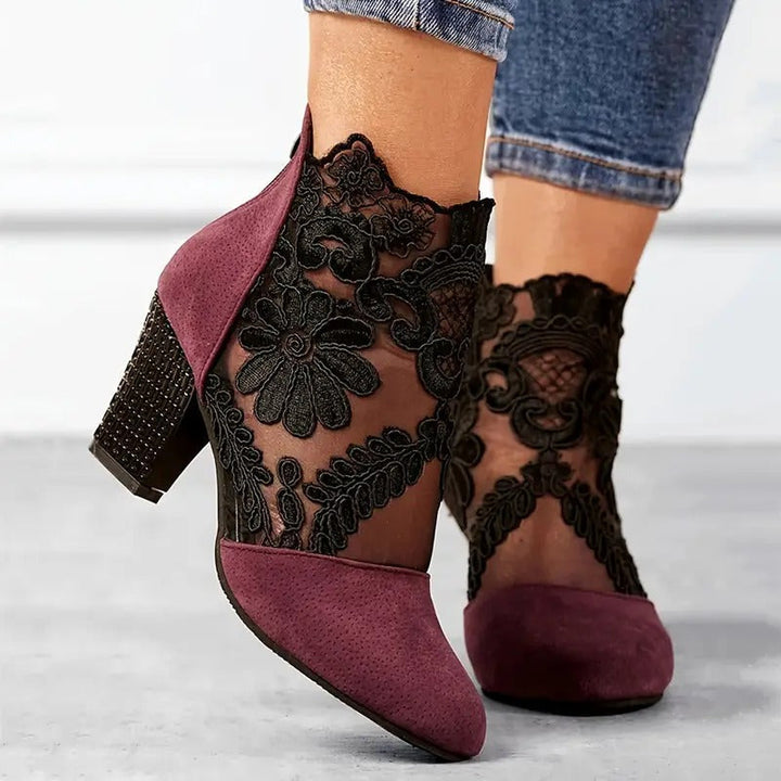 Genevieve Shoe — Floral Lace Block Heels