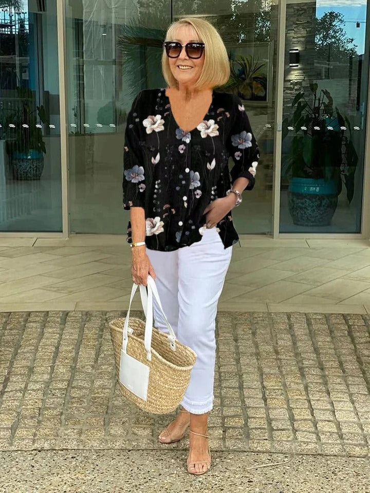 Marlene — Floral V-Neck 3/4-Sleeve Blouse