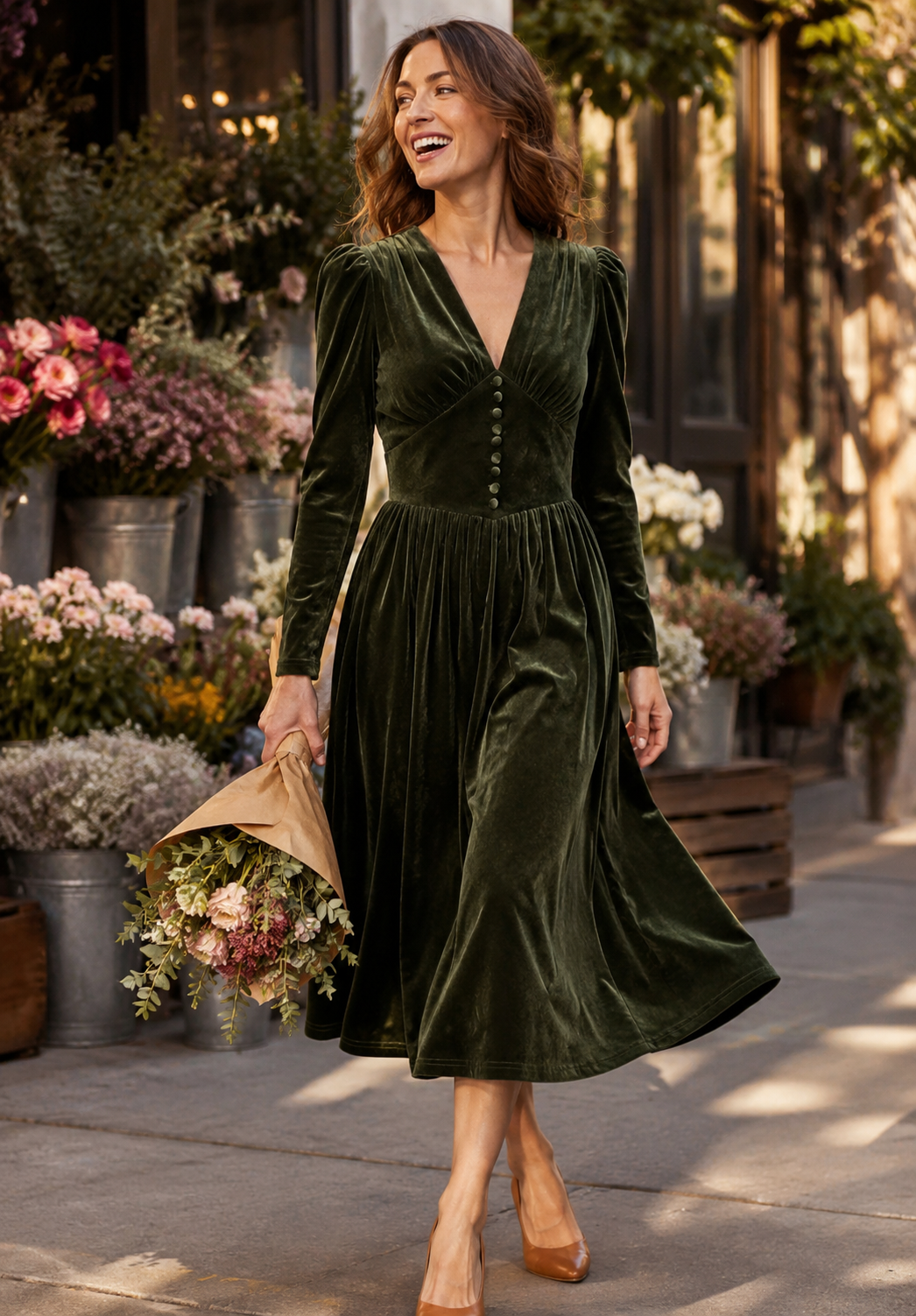 Corinne — Women’s Puff Sleeve Velvet Midi Dress