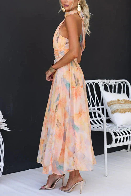 Evelina — Watercolour Halter Maxi Dress