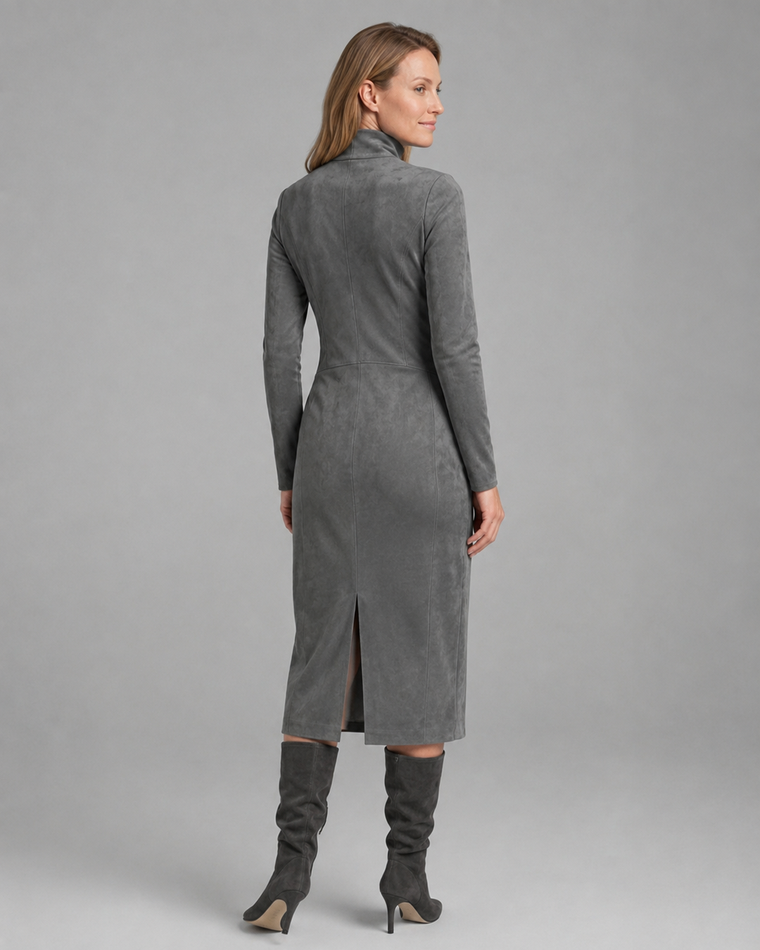 Lucinda — High-Neck Long-Sleeve Knit Midi Dress