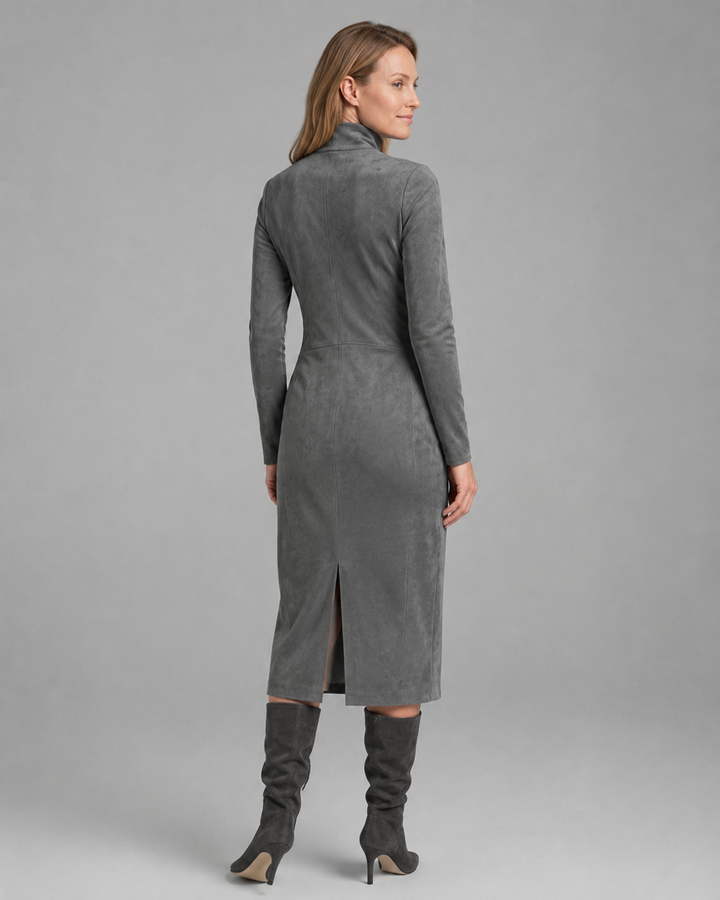 Lucinda — High-Neck Long-Sleeve Knit Midi Dress