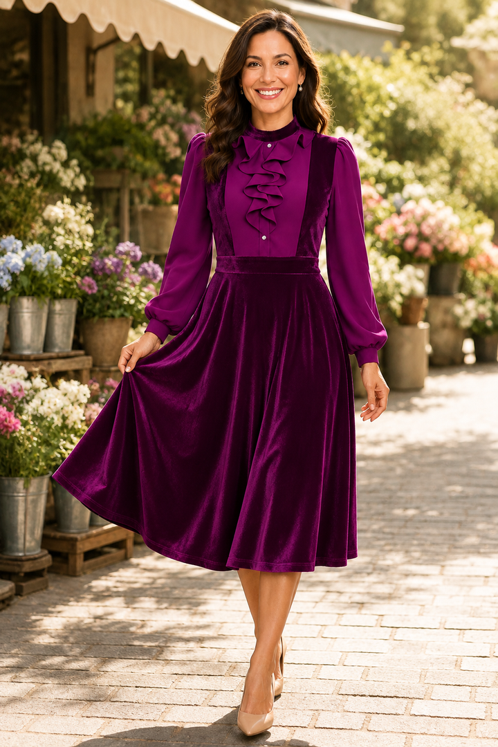 Cecily — Women’s Stand Collar Ruffle Midi Dress