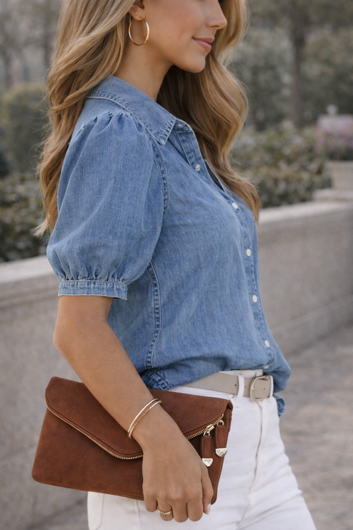 Rohese — Denim Puff-Sleeve Button-Up Shirt