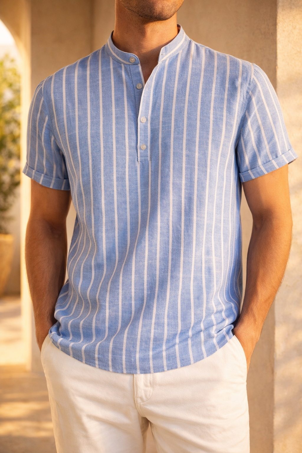 Grant — Band-Collar Striped Shirt