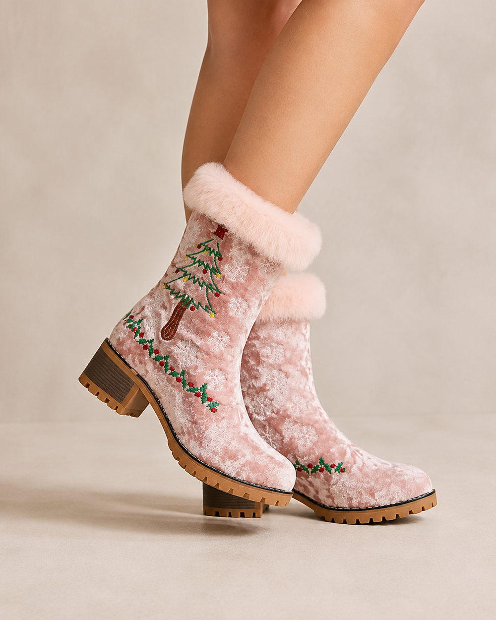 Women's Fur-Lined Embroidered Winter Boots in Pink