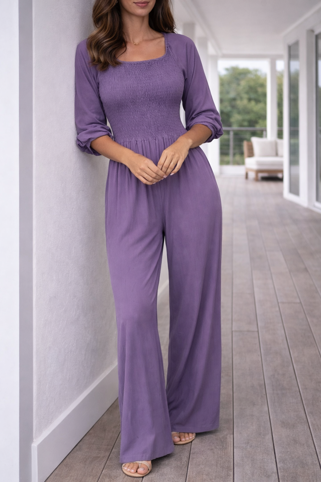 Hyacinth — Smocked Square-Neck Jumpsuit