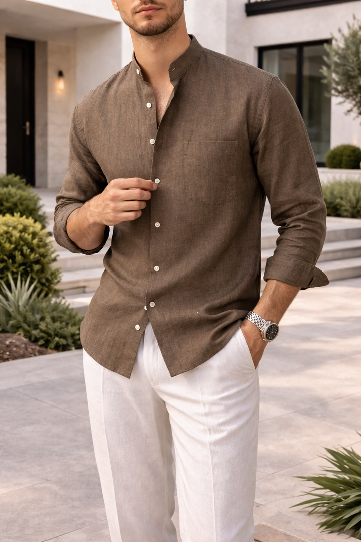 Ryan — Grandad-Collar Linen-Blend Shirt