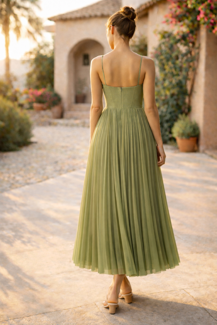 Yara — Pleated Spaghetti-Strap Maxi Dress