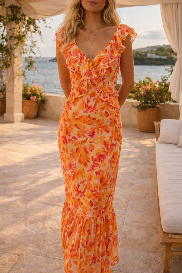 Susannah — Ruffle-Trim V-Neck Maxi Dress