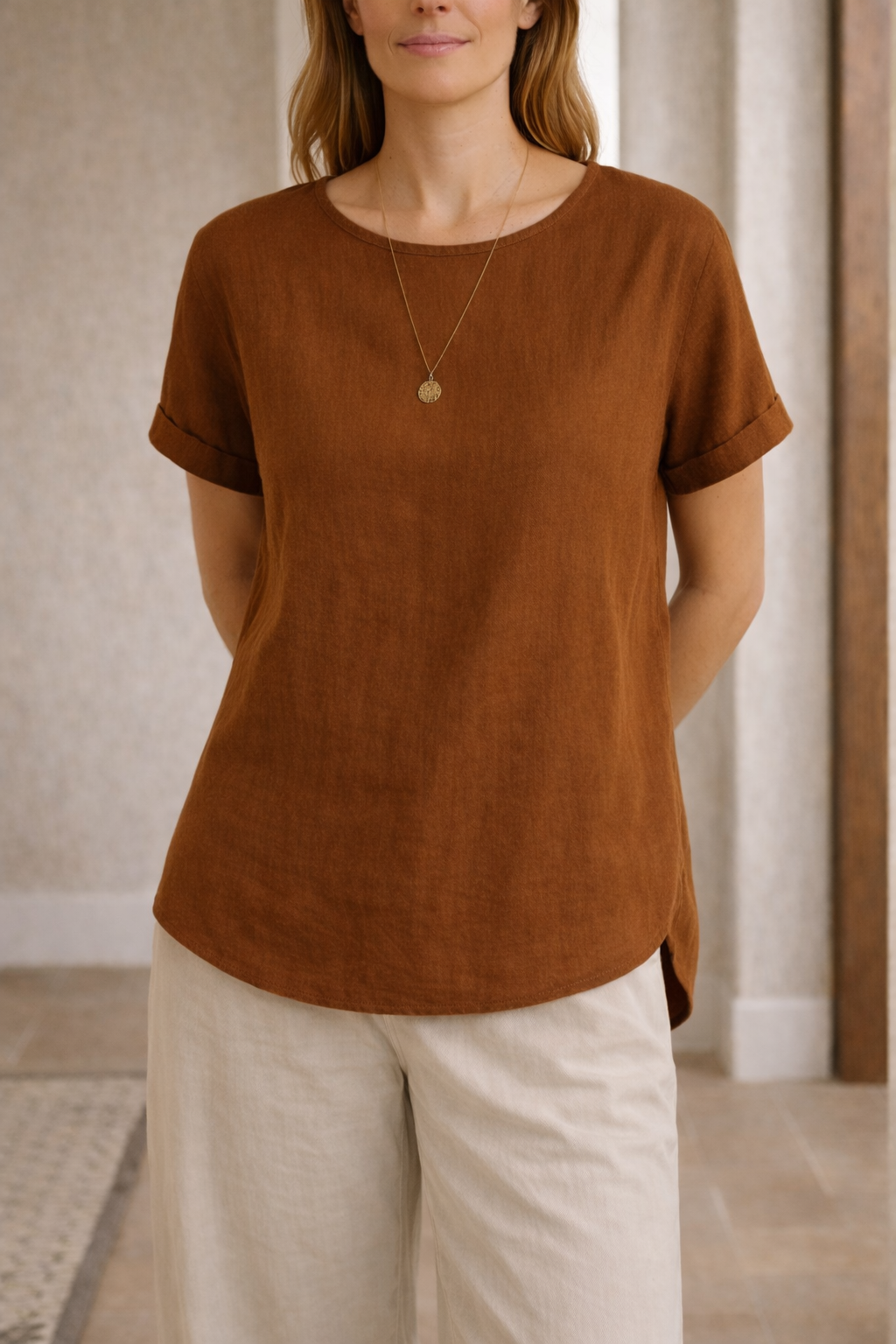Esther — Linen-Blend Round-Neck Blouse