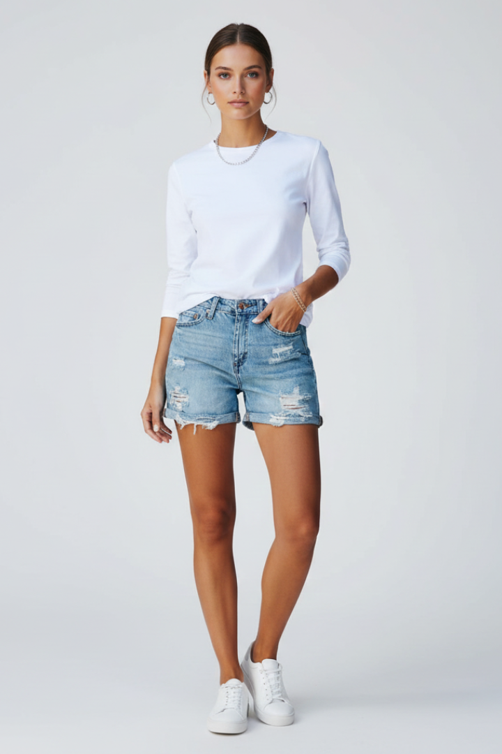 Frankie — Distressed Denim Shorts with Fringe Hem