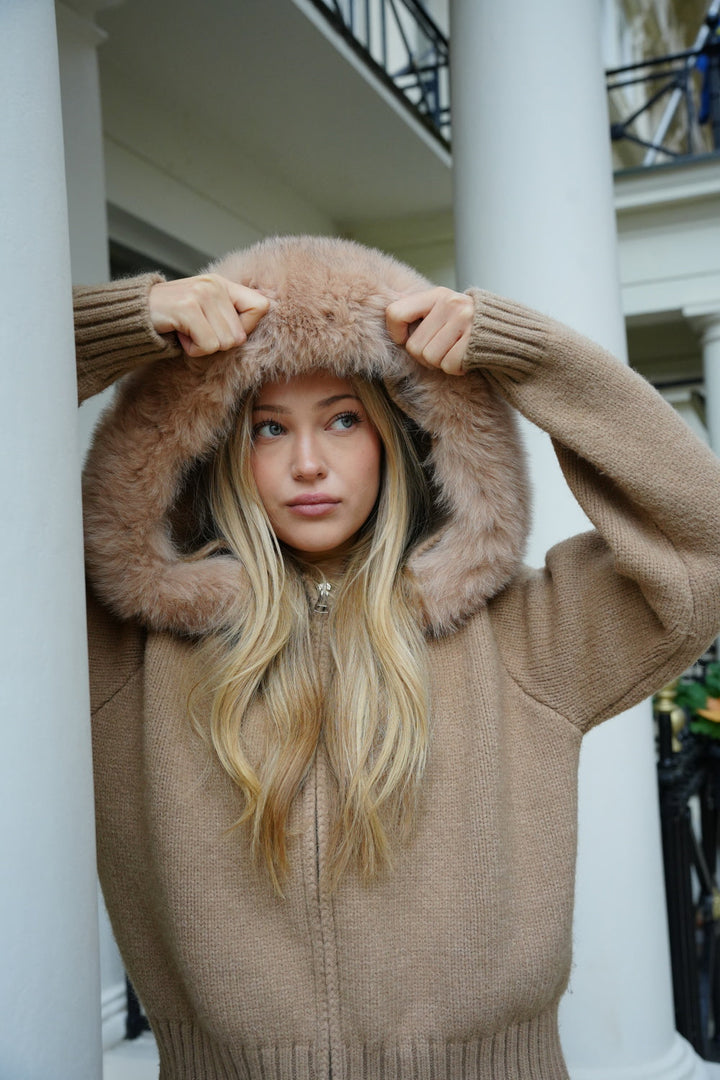 Katrin — Women’s Hooded Faux Fur Zip Knit Jacket