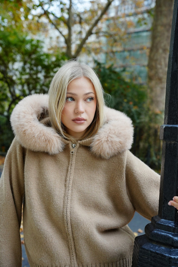 Katrin — Women’s Hooded Faux Fur Zip Knit Jacket