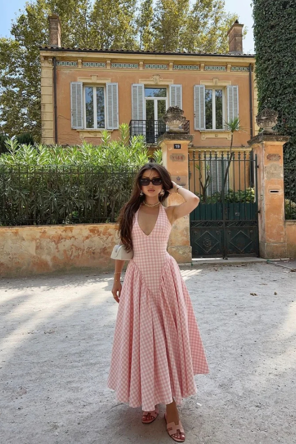 Liora — Gingham Halter Midi Dress