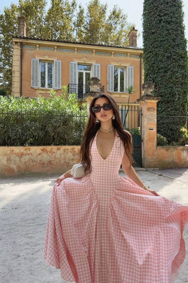 Liora — Gingham Halter Midi Dress