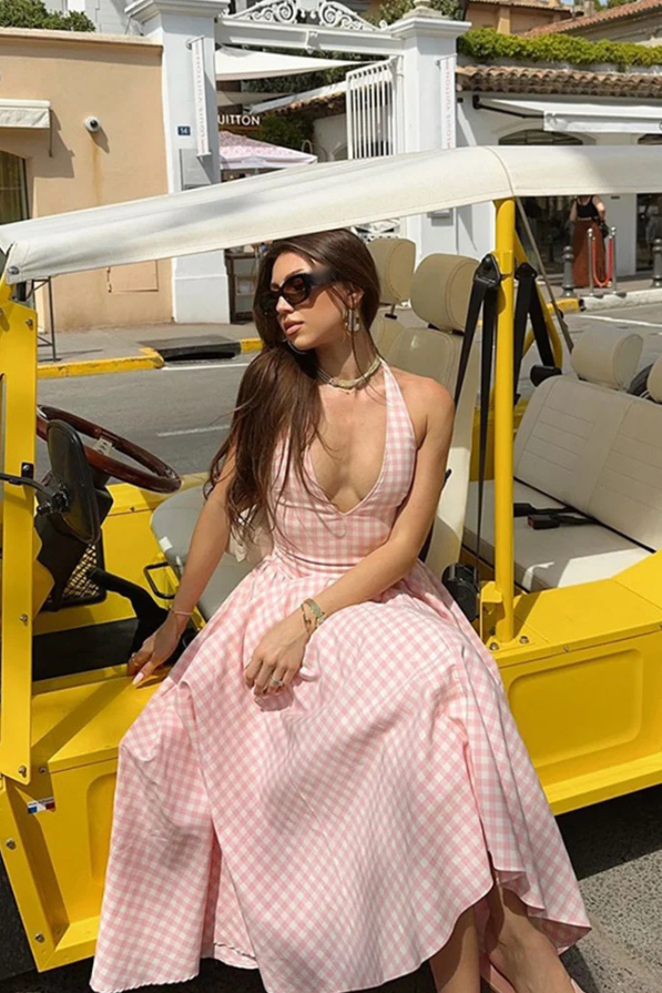 Liora — Gingham Halter Midi Dress
