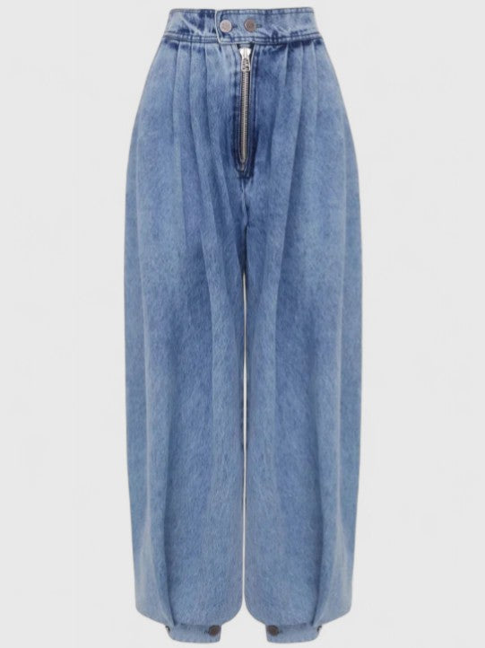 Arielle — Elastic-Waist Pleated Wide-Leg Jeans