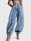 Arielle — Elastic-Waist Pleated Wide-Leg Jeans
