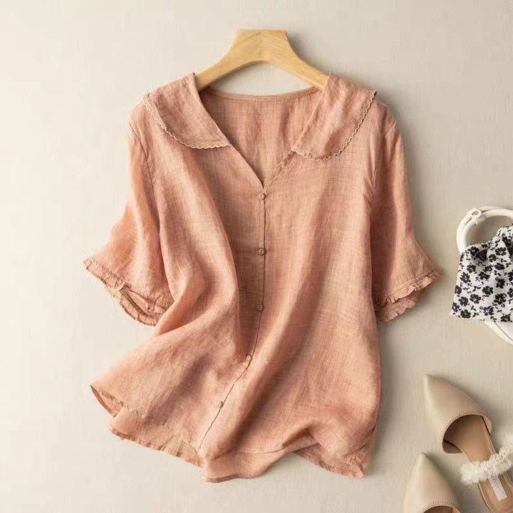 Della Mae — Scalloped Collar Button-Front Blouse
