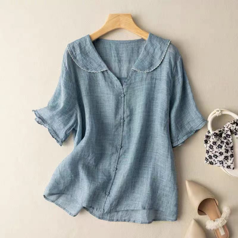 Della Mae — Scalloped Collar Button-Front Blouse