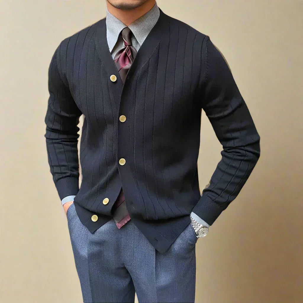 Lachlan — Ribbed V-Neck Button-Up Cardigan