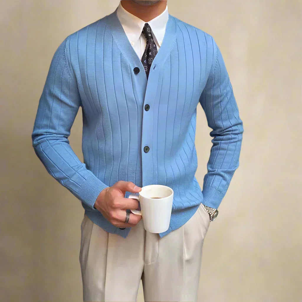 Lachlan — Ribbed V-Neck Button-Up Cardigan