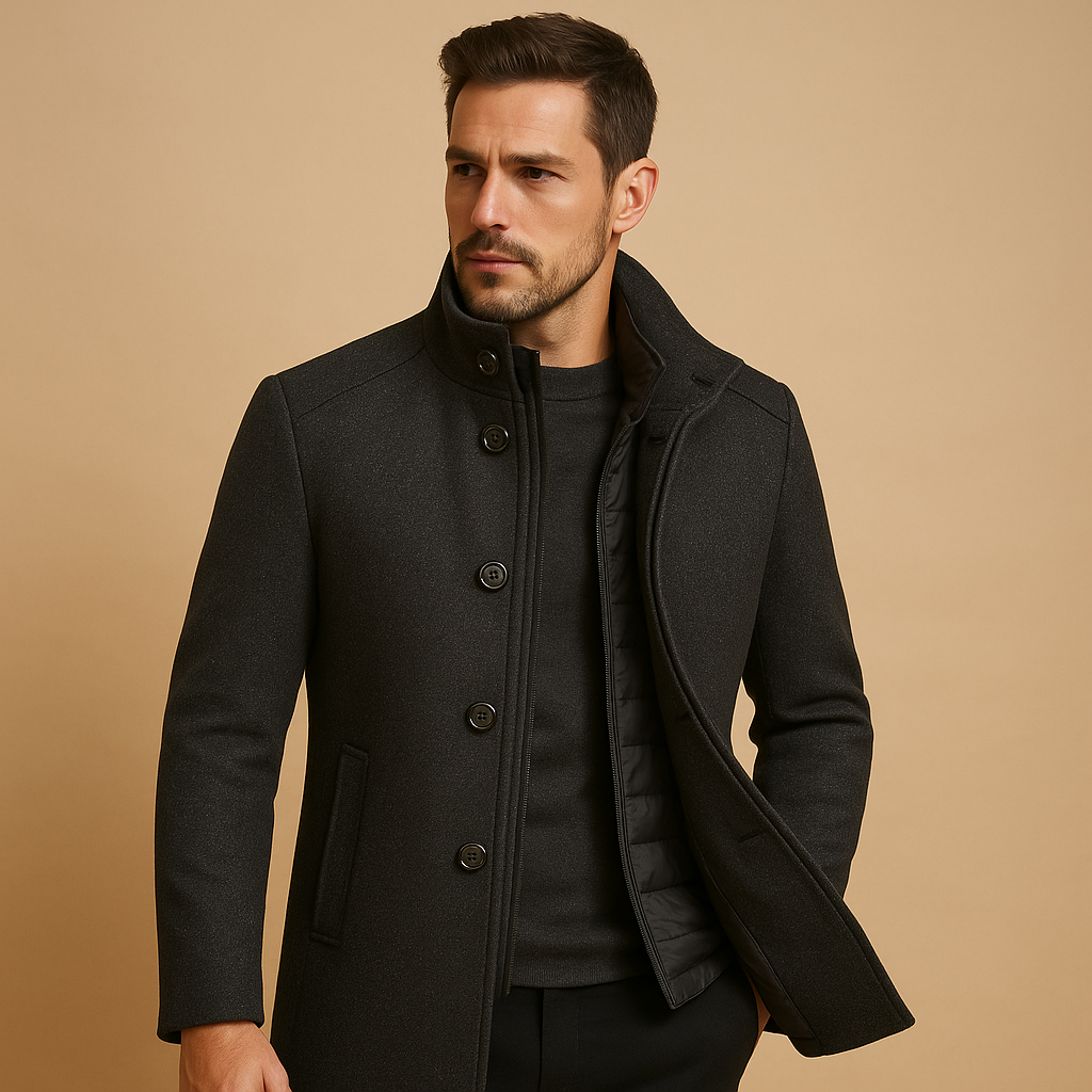 Sterling — Men’s Wool-Blend Funnel-Neck Camel Coat