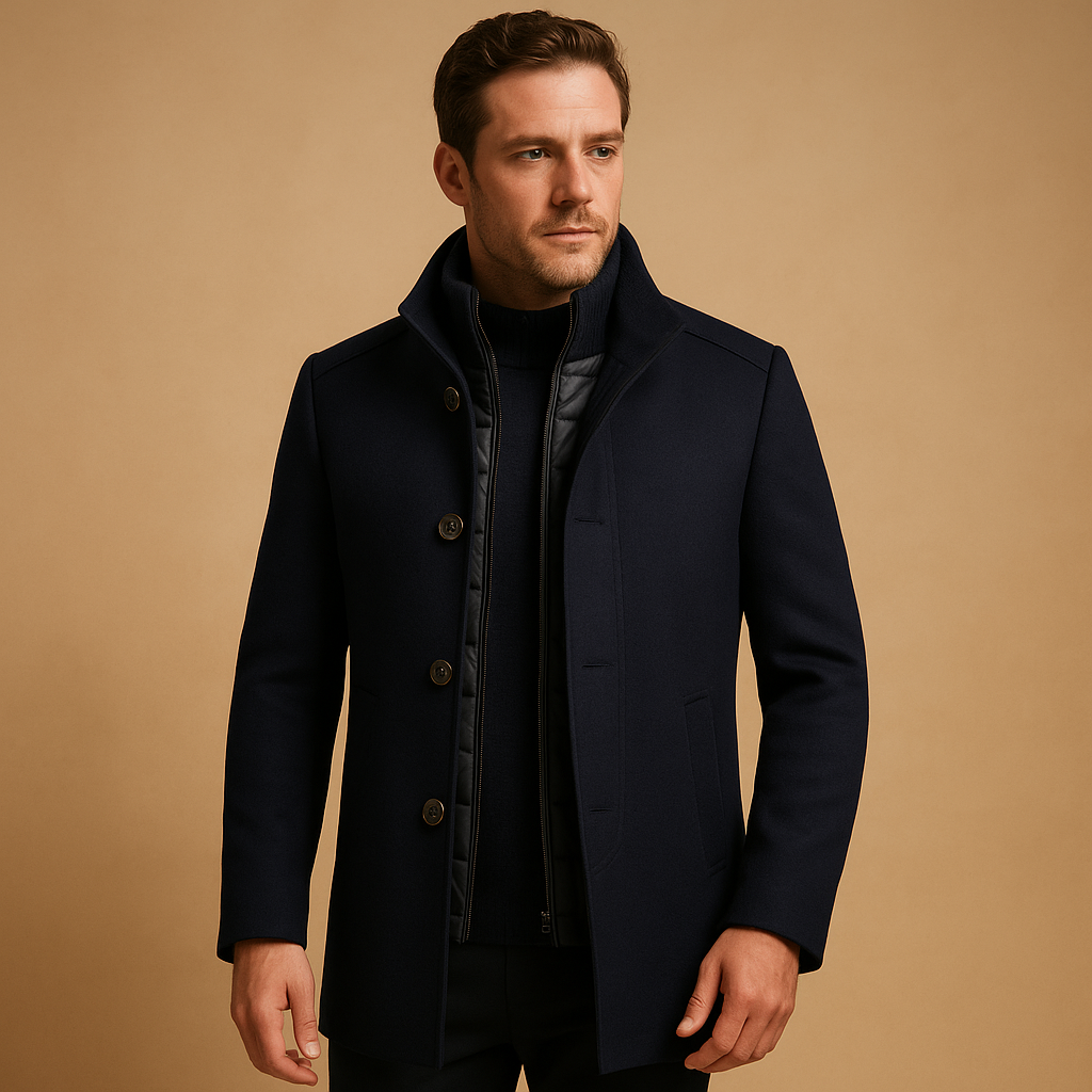 Sterling — Men’s Wool-Blend Funnel-Neck Camel Coat