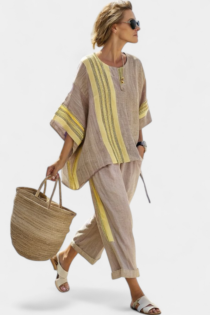 Rhoswen — Lavender Top &amp; Striped Trouser Set