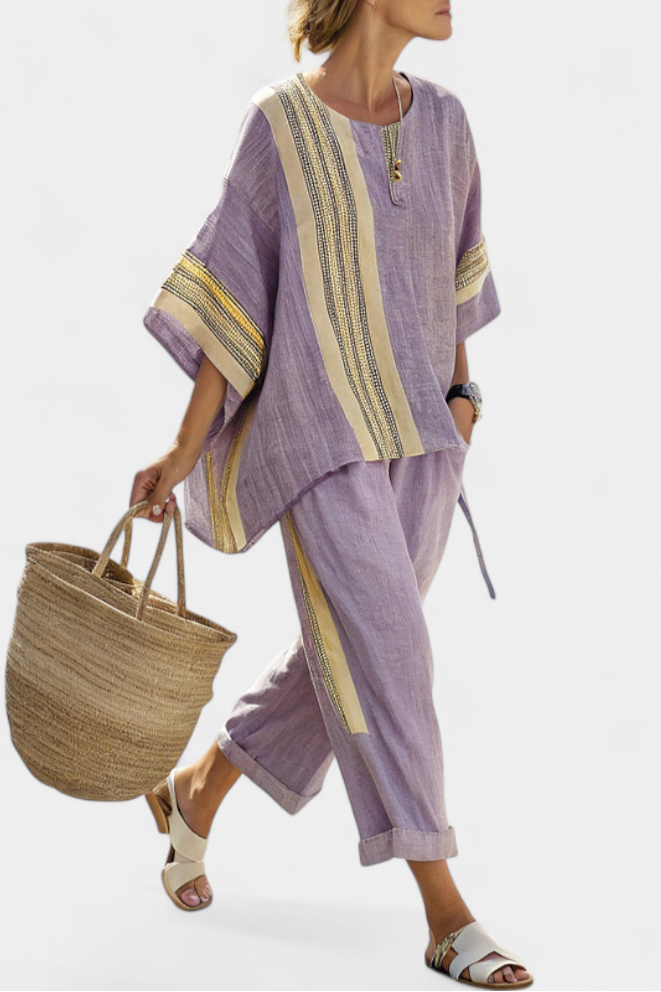 Rhoswen — Lavender Top &amp; Striped Trouser Set