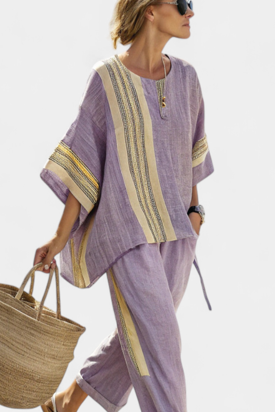 Rhoswen — Lavender Top &amp; Striped Trouser Set