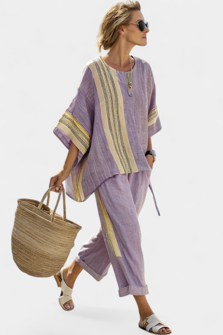 Rhoswen — Lavender Top &amp; Striped Trouser Set