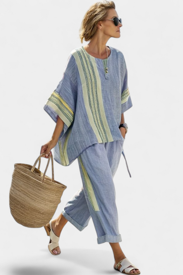 Rhoswen — Lavender Top &amp; Striped Trouser Set