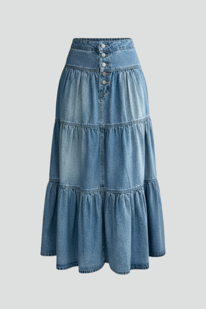 Della Skirt — Denim Button-Front Tiered Maxi Skirt
