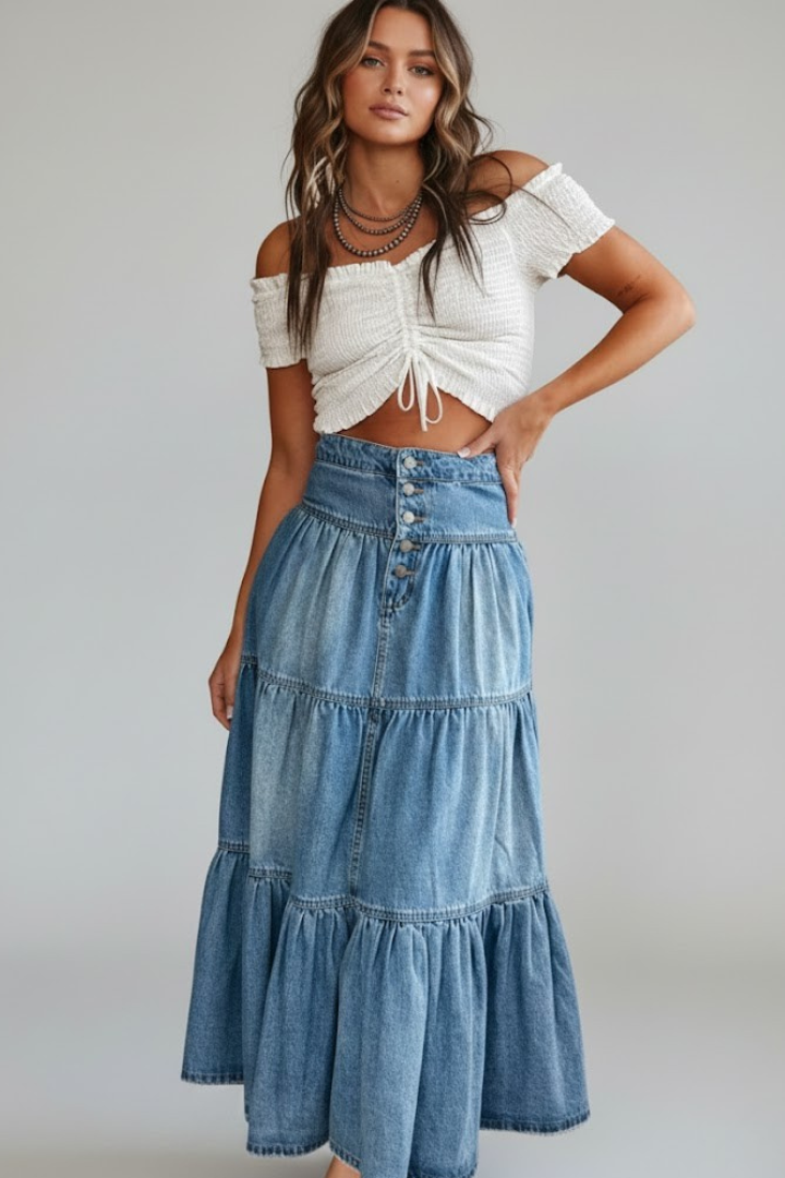 Della Skirt — Denim Button-Front Tiered Maxi Skirt