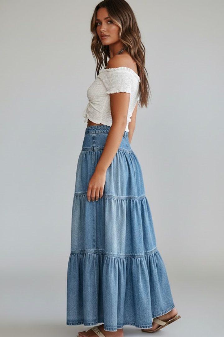 Della Skirt — Denim Button-Front Tiered Maxi Skirt