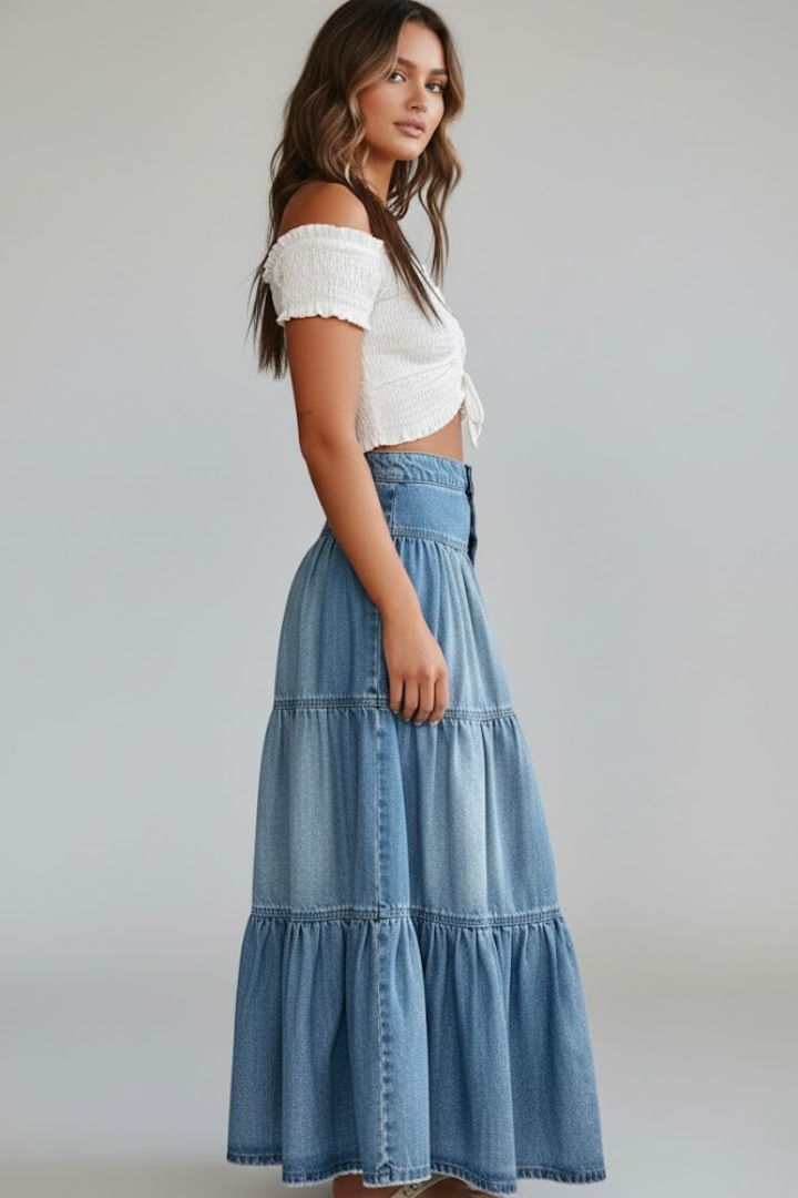 Della Skirt — Denim Button-Front Tiered Maxi Skirt