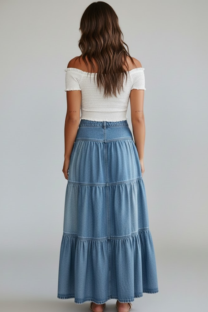 Della Skirt — Denim Button-Front Tiered Maxi Skirt