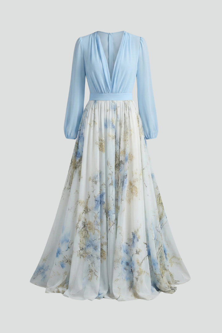 Arabella — Sheer-Sleeve Floral Maxi Dress