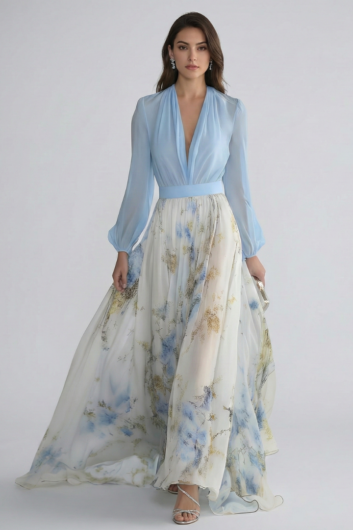 Arabella — Sheer-Sleeve Floral Maxi Dress